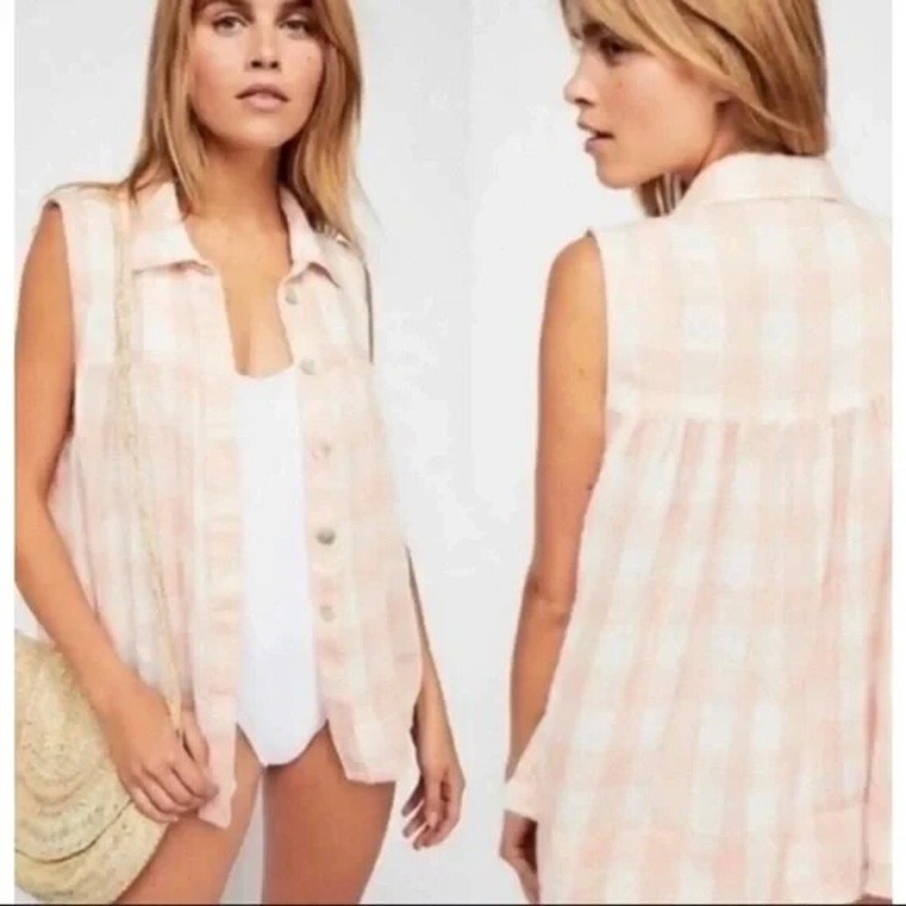 Free People Gingham Babydoll Top Women Small Peach Plaid Button Up Coastal Chic